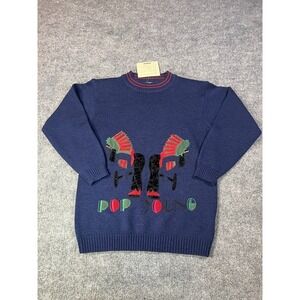 Pop Young Vintage Knit Sweater Unisex Graphic Embroidered Pullover Navy Retro